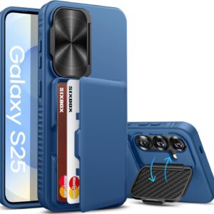 for Samsung Galaxy S25 Case with Card Holder, Built-in Stand & Camera Lens Cover, Shockproof Rugged Silicone Raised Edge Protective
