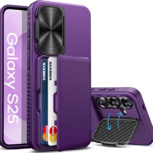 for Samsung Galaxy S25 Case, Built-in Card Holder & Stand & Camera Lens Cover, Military Grade Drop Tested Soft Silicone Edge Rugged