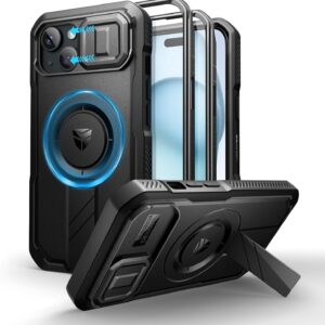 Dexnor for iPhone 15 Case with Slide Camera Cover & Adjustable Kickstand & Built-in Screen Protector, Magnetic Rugged Shockproof