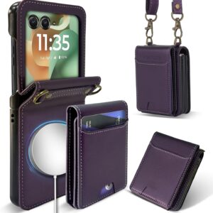 for Motorola RAZR 2026/2025/2024 PU Leather Magnetic Detachable Wallet Phone Case with 5 Card Slots, Anti-Drop Protection, Wrist & Shoulder Strap Purple